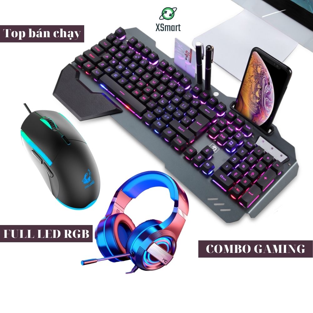 Bộ bàn phím và chuột XSmart kèm tai nghe chụp tai gaming headphone chơi game cực đỉnh với nhiều chế độ LED K618+V7+Q9 7.1 - Hàng Chính Hãng