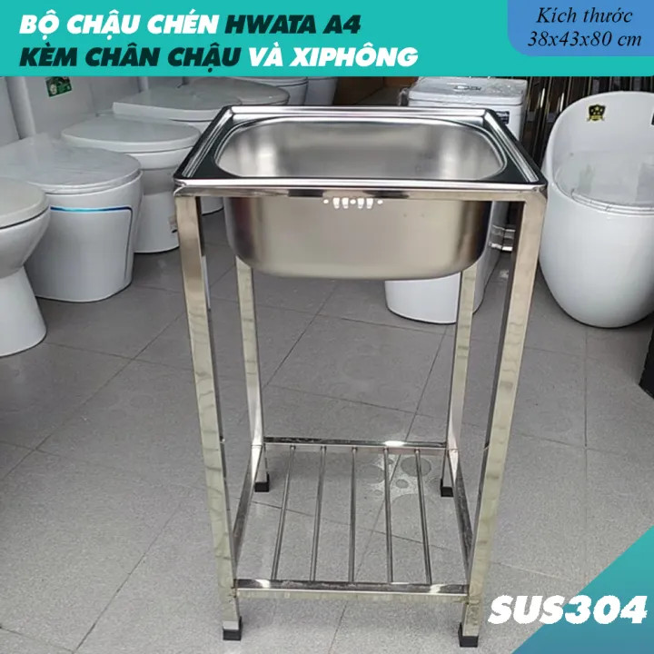 Bộ Chậu Rửa Chén Bát Có Chân HWATA A4 - Chậu Inox 304 kích thước 38x43cm kèm chân và bộ xả chống hôi (xi phông)