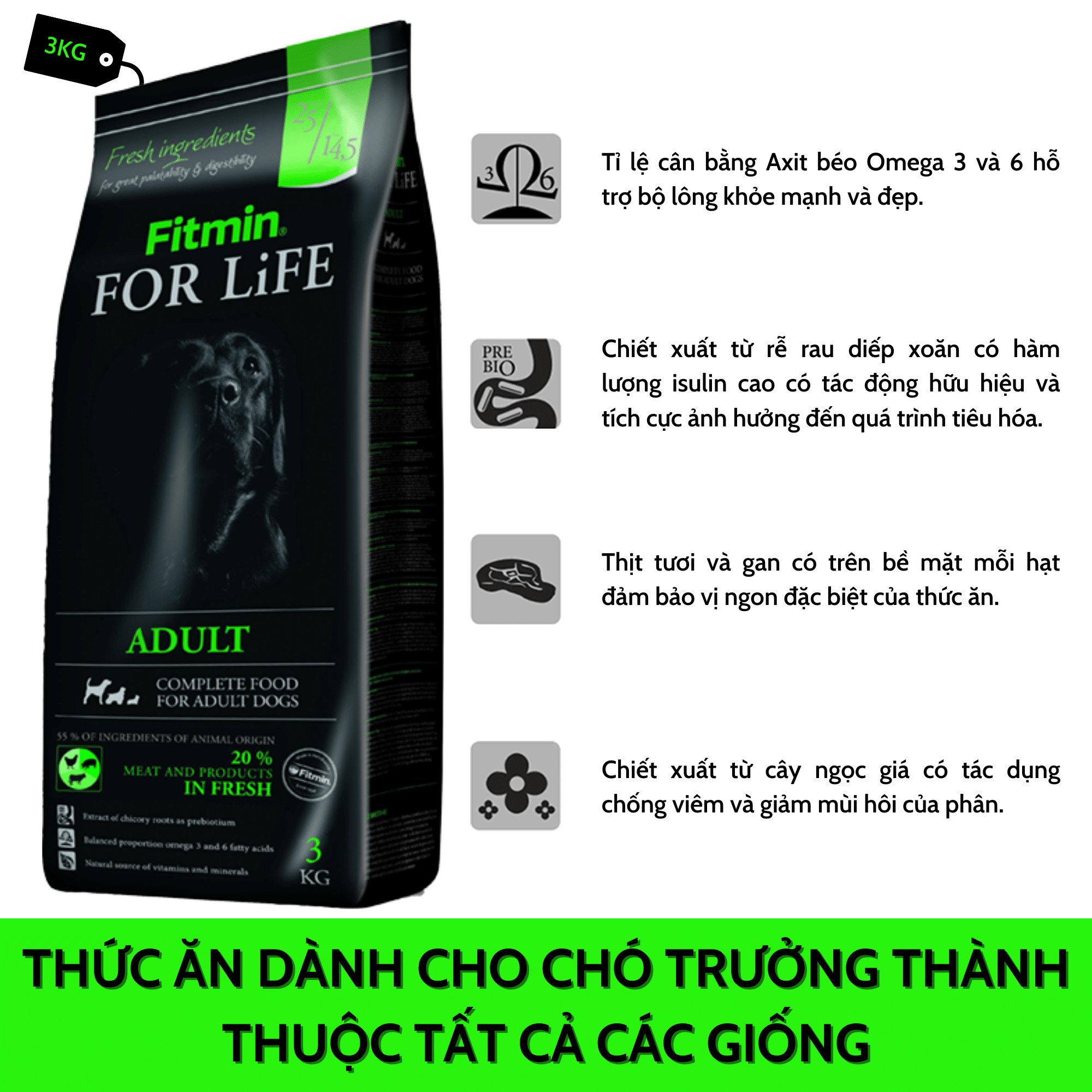 Thức Ăn Hảo Hạng Có Hơn 30% Thịt Tươi Dành Cho Chó Trưởng Thành Tất Cả Các Giống Fitmin Dog For Life Adult All Breeds 3KG - TẶNG 1 Lon Pate Tươi Hello Dog Chicken Pate 190G