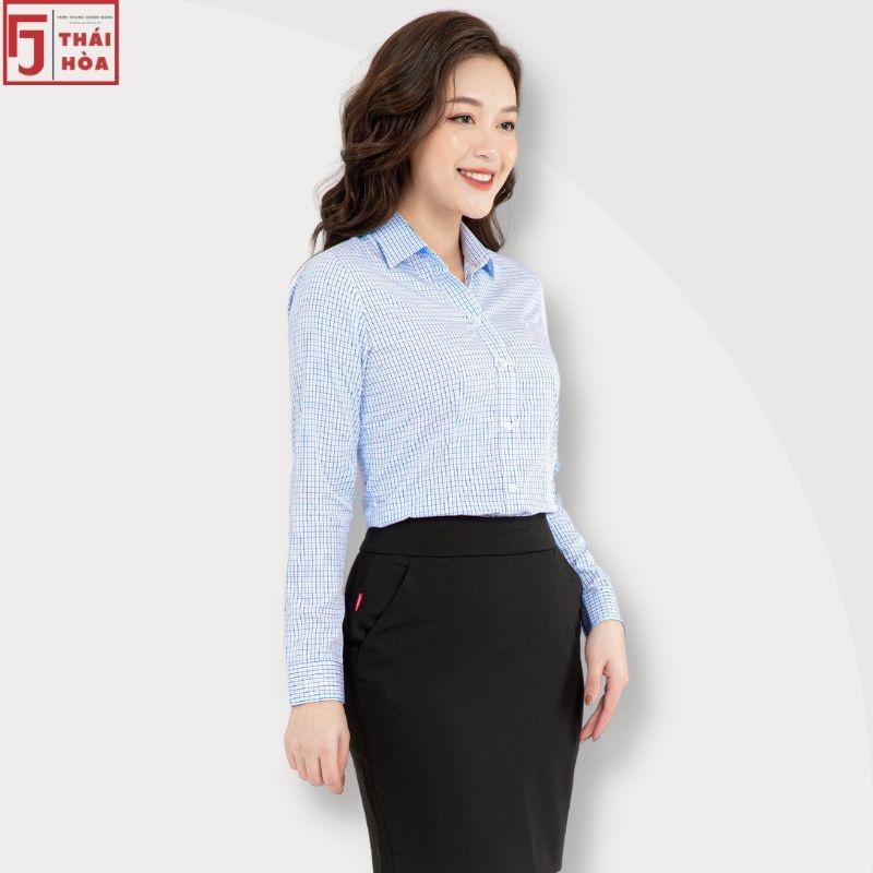 Sơ mi nữ Thái Hoà đẹp công sở cotton kẻ caro màu xanh dương A092-04-01