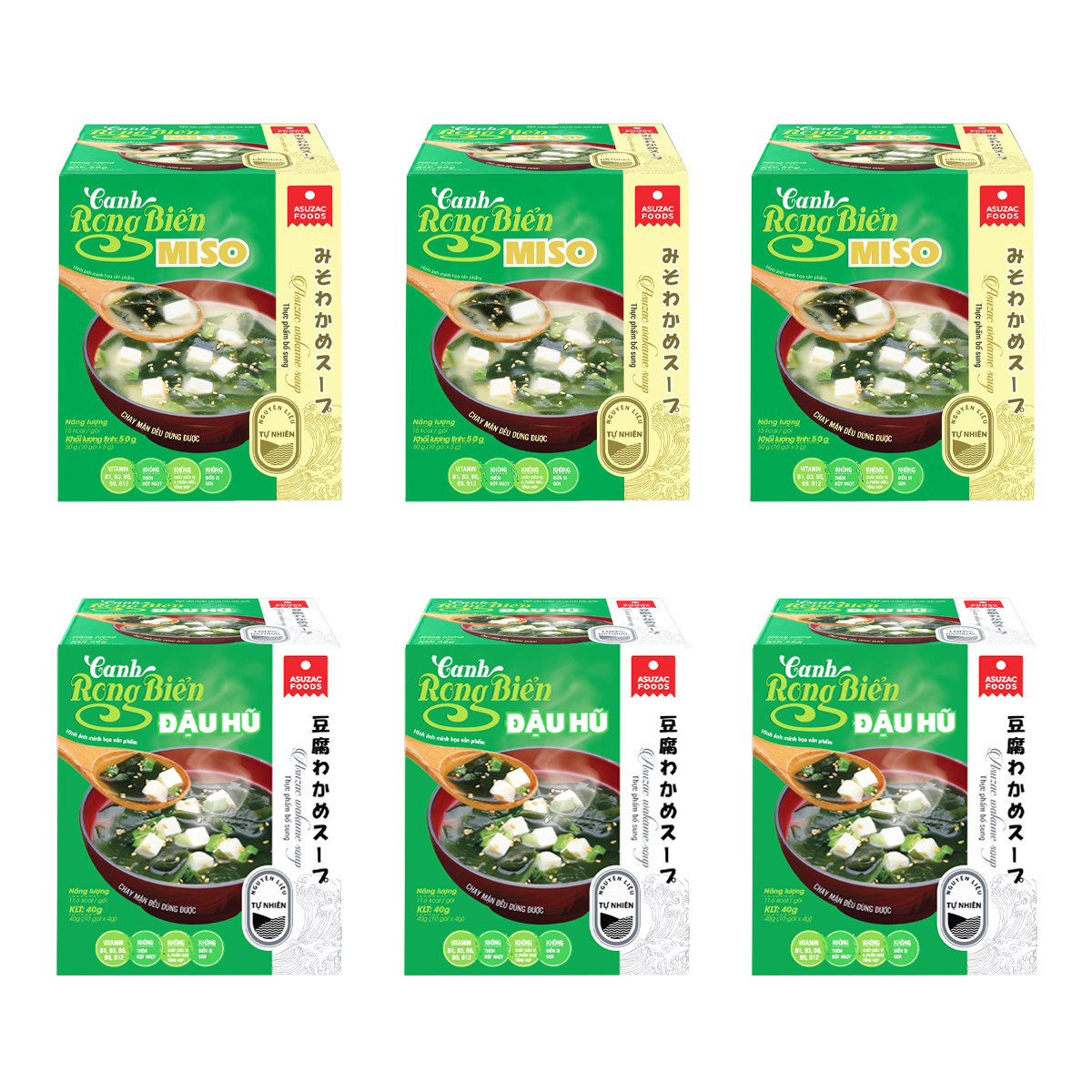 Combo 6 hộp Canh rong biển chay Asuzac (Canh rong biển đậu hũ Asuzac hộp 48g- Canh rong biển Miso Asuzac hộp 50g)