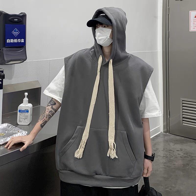 Áo Hoodie form rộng trơn sát nách có mũ trùm đầu phối dây dài Áo HOODIE cổ tròn khồng tay nam nữ đều mặc mùa thu đông