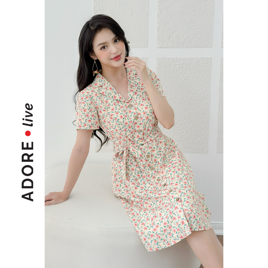 Đầm Mini dresses cổ tim lụa hoa nhỡ nude khuy dừa 321DR1072 ADORE DRESS