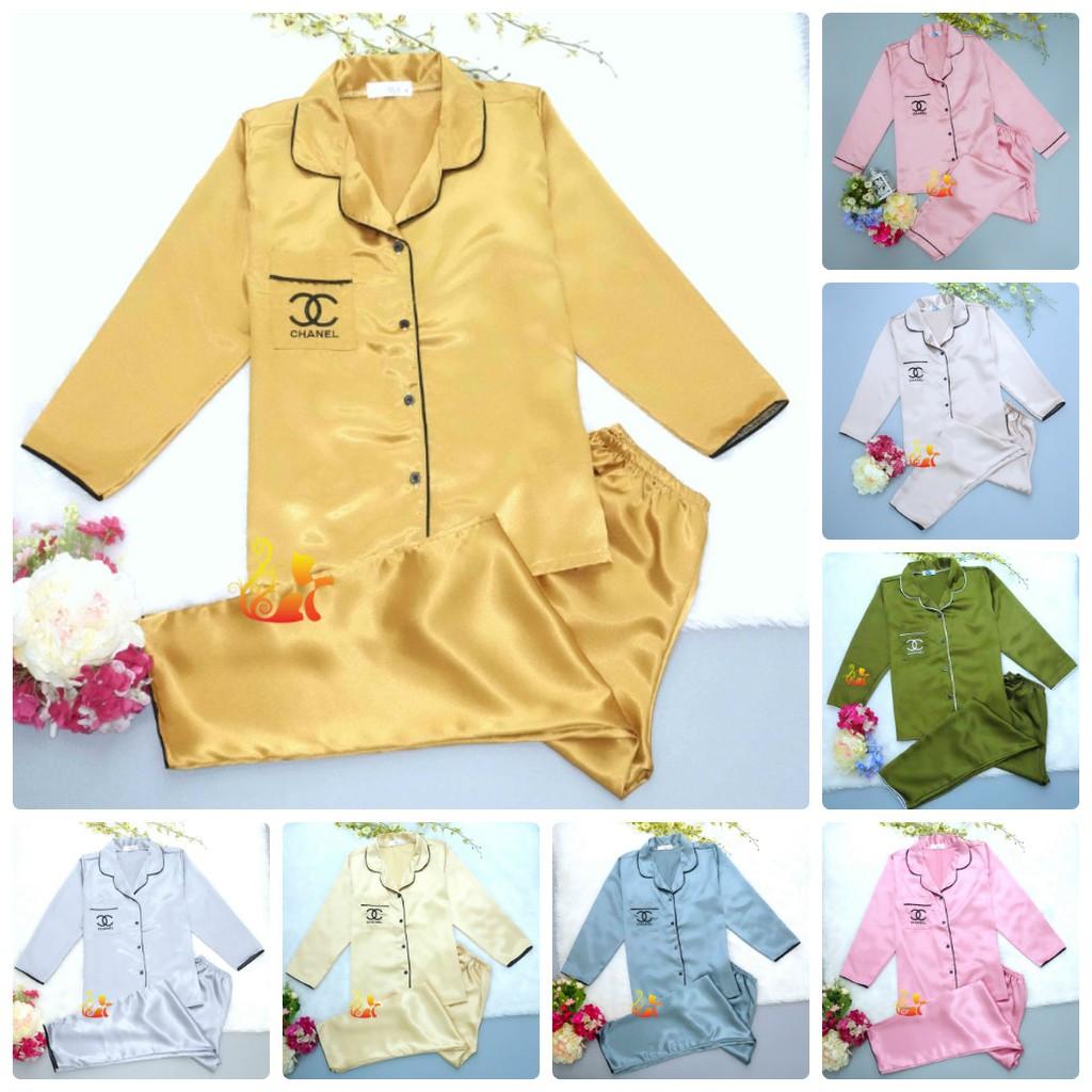 Đồ bộ Pijama Phi Lụa Viền " Thêu Chữ " tay dài cao cấp - Dưới 60kg