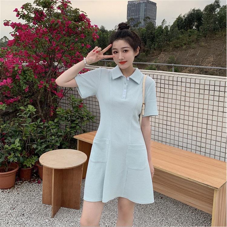 Đầm Polo Nữ Túi Trước Cộc Tay Triết Eo Cổ Bẻ