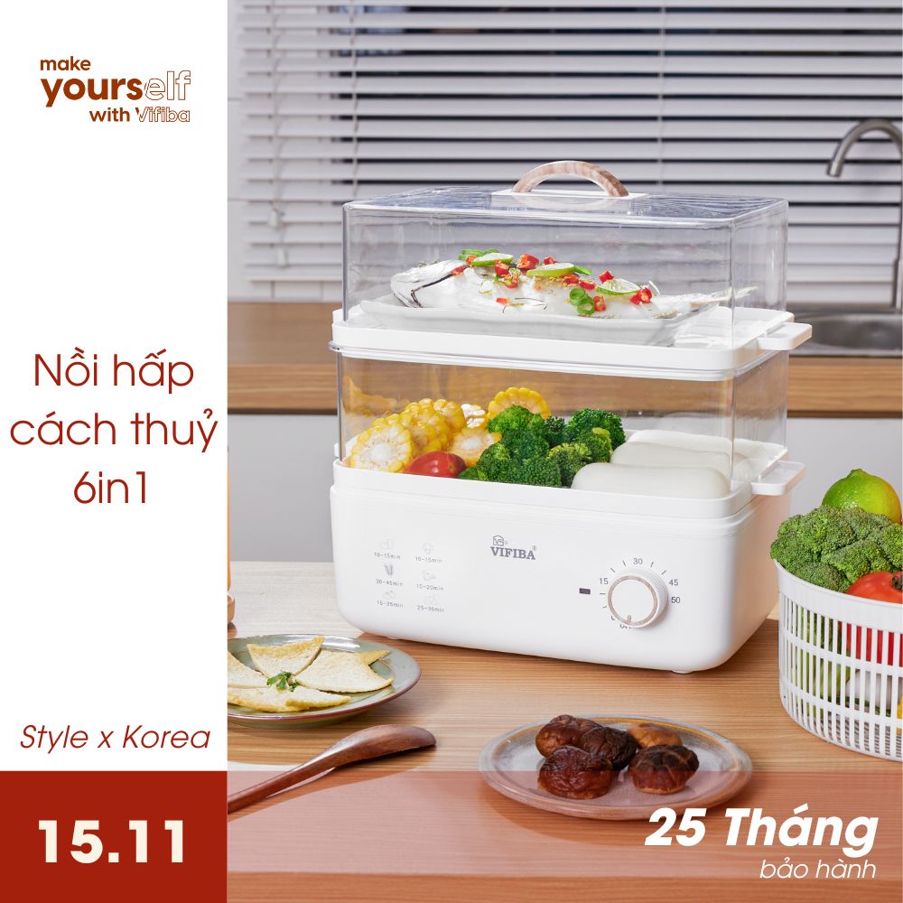 Nồi Hấp Điện 2 Tầng Đa Năng 6in1 Hàng Chính Hãng VIFIBA Công Suất Lớn, Chức Năng Hẹn Giờ Thông Minh