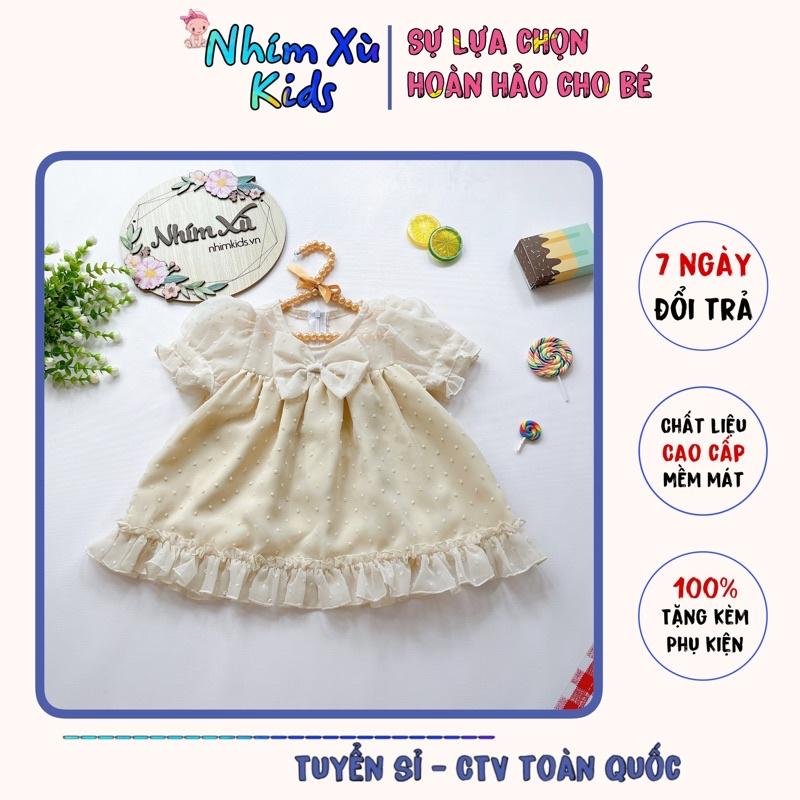 Váy Babydoll Màu Be Chất Tơ Nảy Hạt Nổi Lót Hubutai Cho Bé 5-32kg [V508