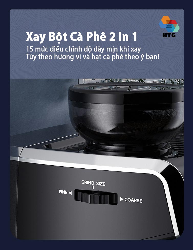 Máy pha cà phê xay hạt CF07 tích hợp xay nghiền hạt 15 mức độ, chế độ Tự Động, điều chỉnh định lượng tùy ý, Áp suất 19 Bar, công suất 1560W