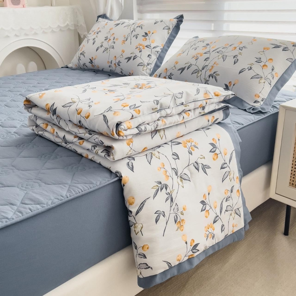 Bộ chăn ga gối cotton đũi chần bông 5 món nhập khẩu