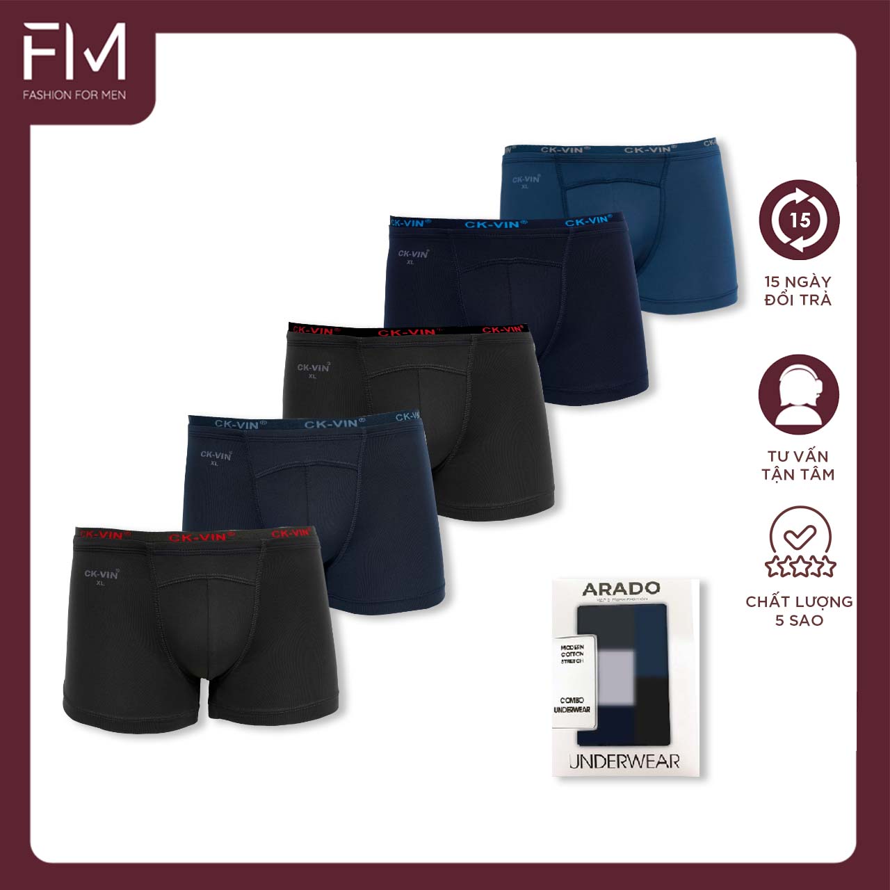 Combo 5 quần lót boxer nam, thun cotton lạnh cao cấp, lưng bản nhỏ thoải mái - FORMEN SHOP - FMPS226