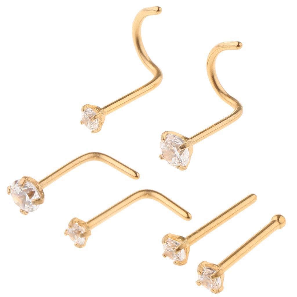 2x6 Pieces Stainless Steel Zircon Crystal Screw Curved Nose Piercing Gold