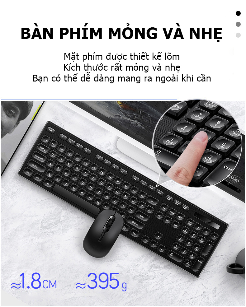 Combo bàn phím và chuột không dây V3Max chống nước tốt, thiết kế lõm tạo cảm giác gõ tốt hơn và có chế độ tự ngắt kết nối thông minh