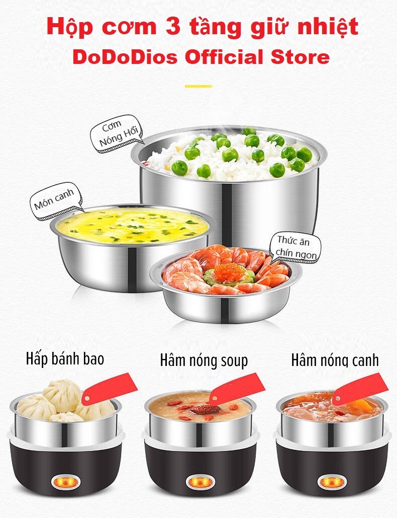 Hộp cơm cắm điện giữ nhiệt 3 tầng, chất liệu inox 304 an toàn sức khỏe, hộp cơm giữ nhiệt, hộp cơm văn phòng tiện lợi - Chính hãng DoDoDios