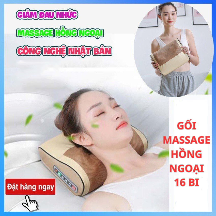Gối Massage Hồng Ngoại 16 Bi Nhật Bản Thông Minh Đa Năng Cao Cấp, Mát Xa Cổ, Lưng, Vai Gáy, Giảm Đau Nhức Hiệu Quả