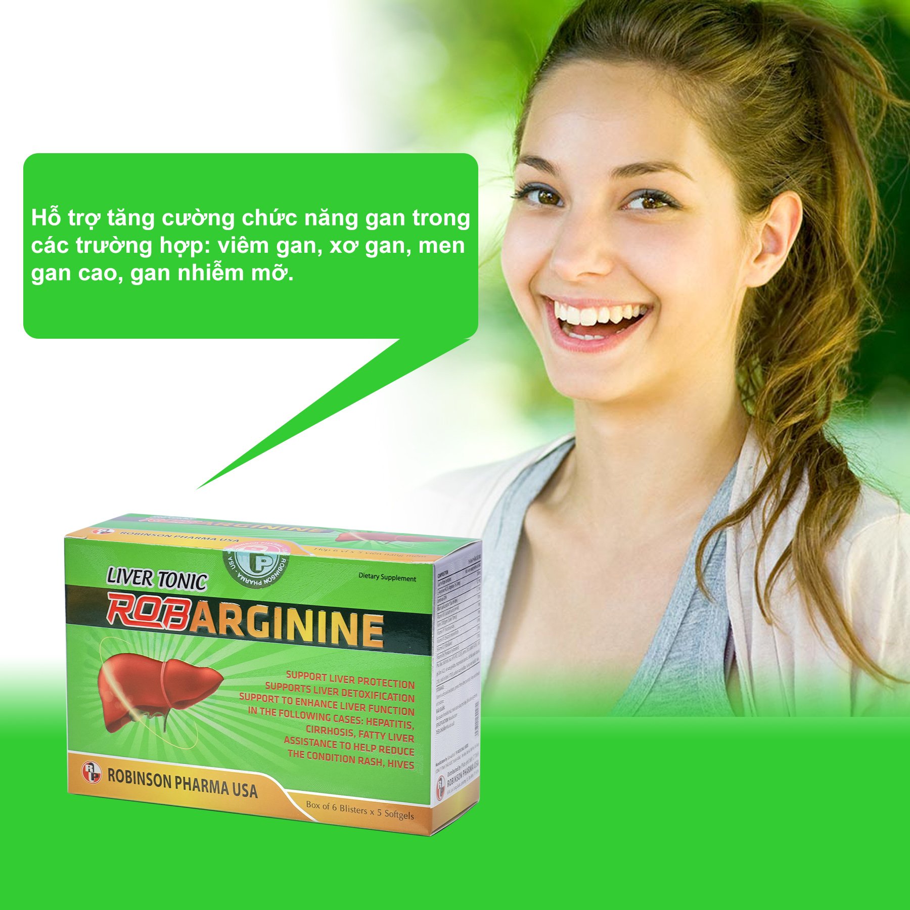 TPCN viên uống BỔ GAN ROBARGININE hỗ trợ bảo vệ gan,làm mát gan,giải độc gan và làm giảm tình trạng mẩn ngứa,nổi mề đai-hộp 90 viên nang mềm