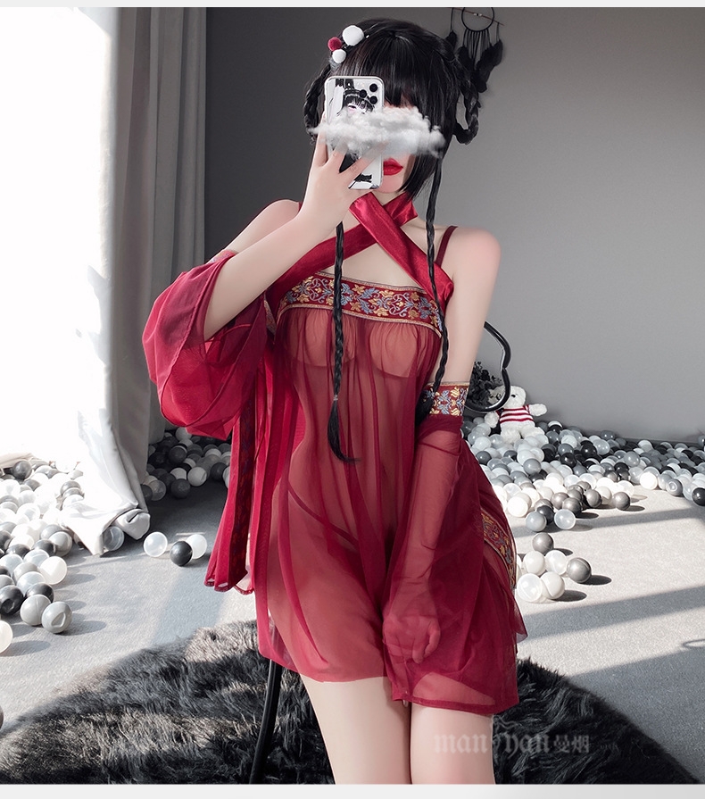 Set Đồ Ngủ Cosplay Trung Hoa Váy Hai Dây Áo Choàng Xuyên Thấu Cổ Trang Quyến Rũ