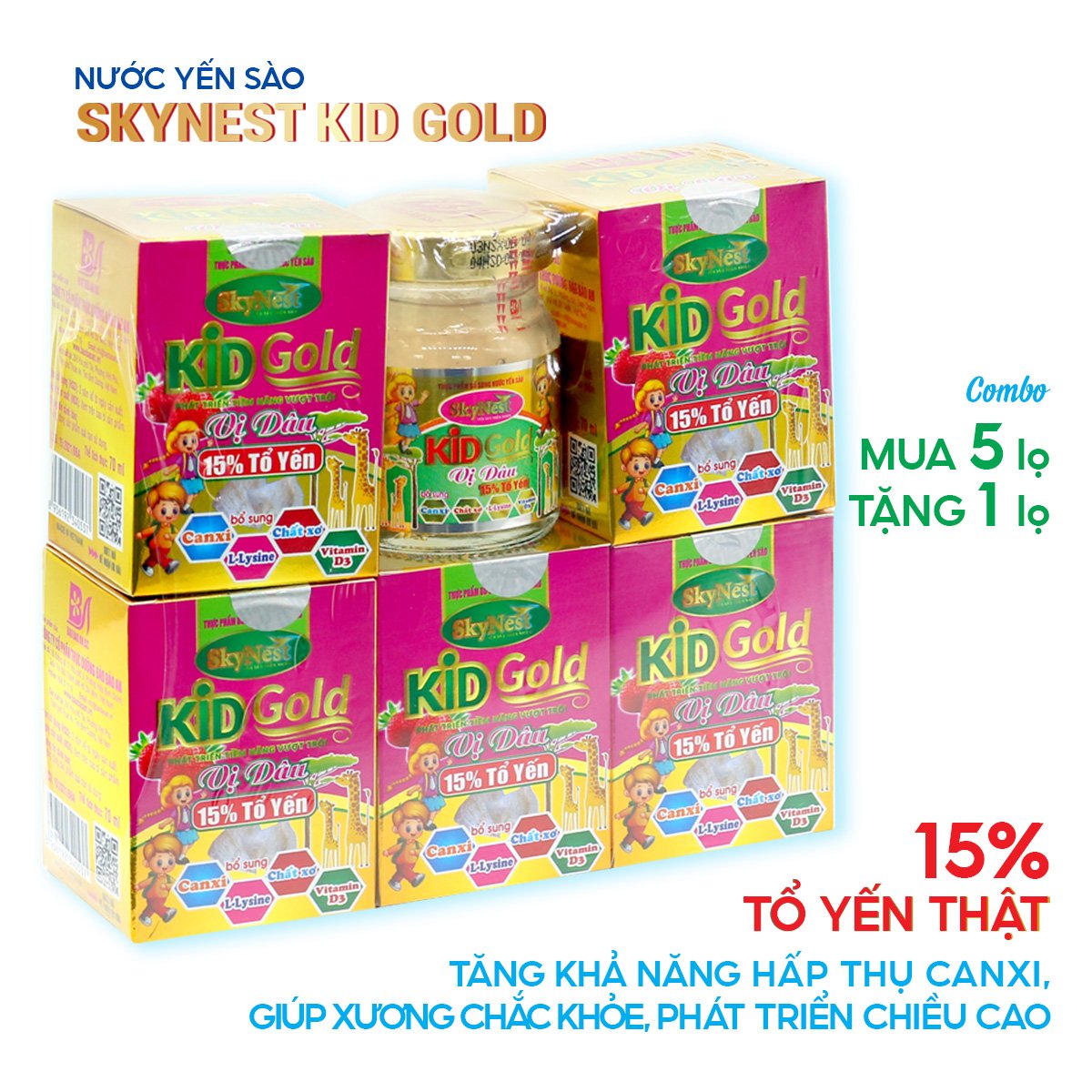 Combo 5 tặng 1, thực phẩm bổ sung Nước yến sào SkyNest Kid Gold Vị dâu (70ml x 6 lọ), tăng cường hấpthụ canxi, chất xơ giúp phòng chống táo bón, kích thích tiêu hóa