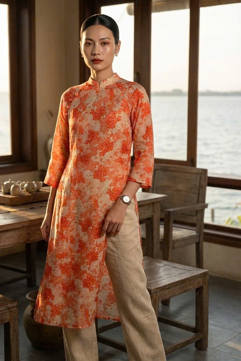 Áo Dài Suông Tay Raglan Vải Gai Xanh Ramie Hoa ADA001 thời trang thiết kế Hity