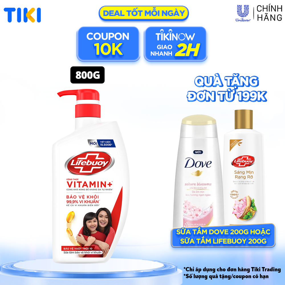 Sữa Tắm Lifebuoy Sạch Khuẩn Bảo Vệ Khỏi 99.9% Vi Khuẩn Chứa Ion Bạc+ Hỗ Trợ Cùng Đề Kháng Da Tự Nhiên Chai 800G