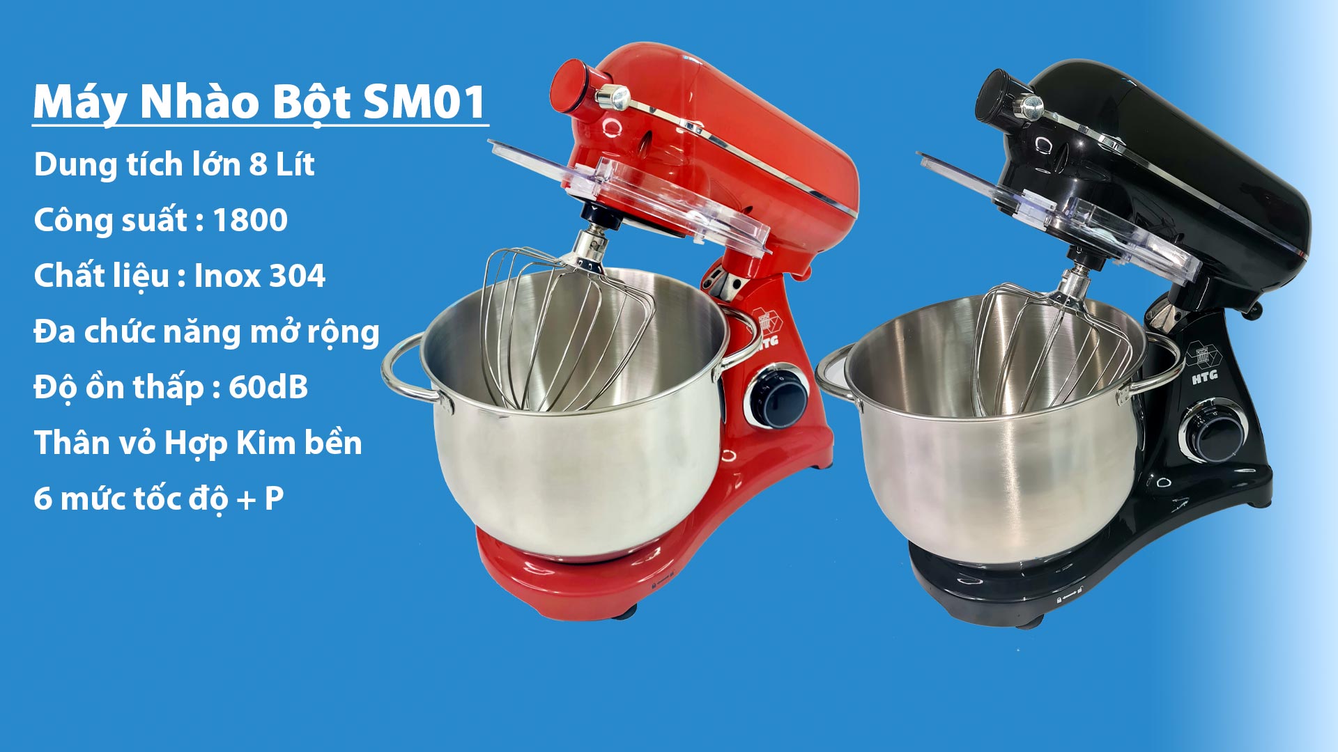 Máy nhào bột SM01 làm bánh, đánh trứng, kem, trộn thực phẩm, dung tích lớn 8 lít, 1800W mạnh mẽ, Inox 304 bền bỉ