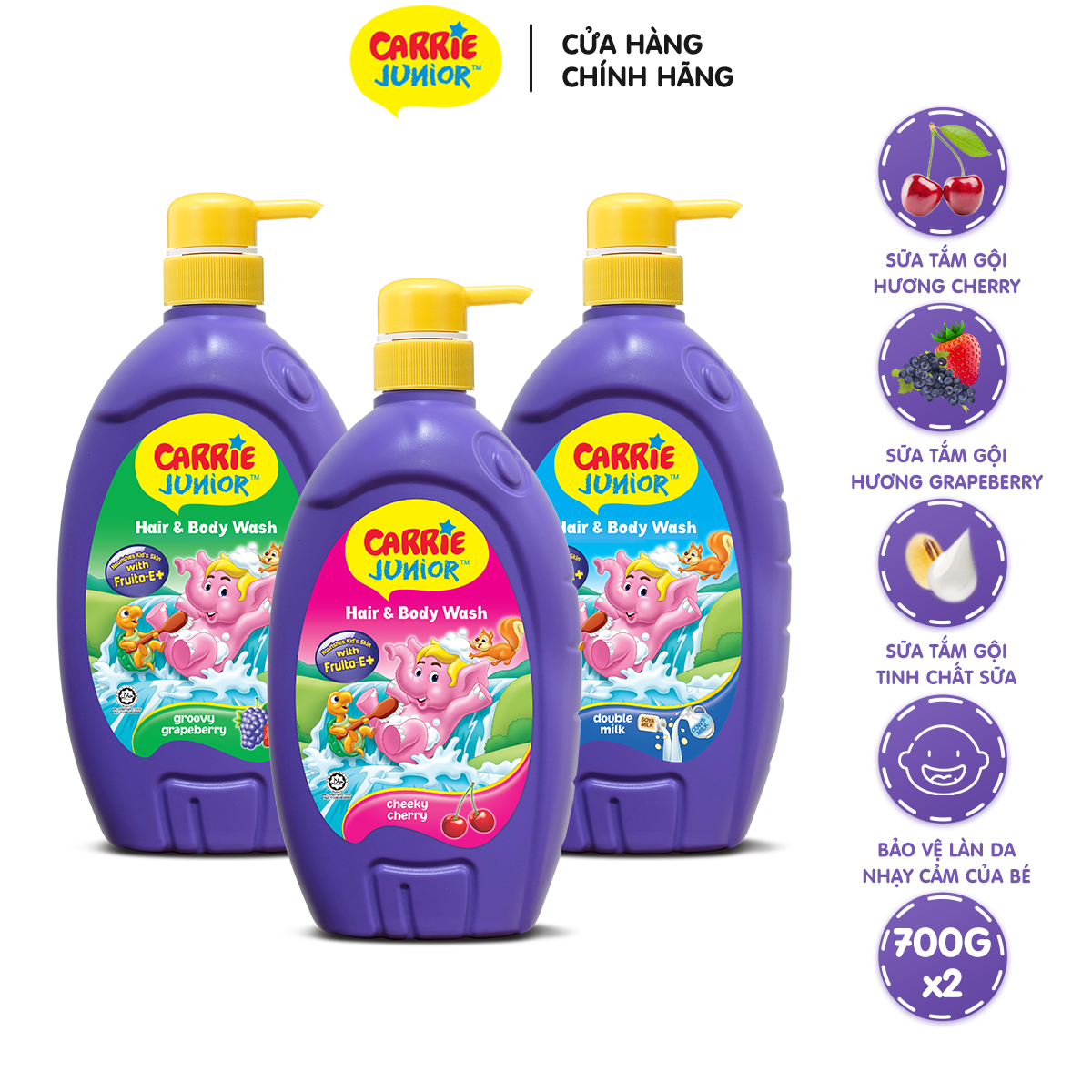 Combo 3 Sữa Tắm Gội cho bé Carrie Junior (700g x 3): 1 Hương Grapeberry + 1 Hương Cherry + 1 Tinh Chất Sữa