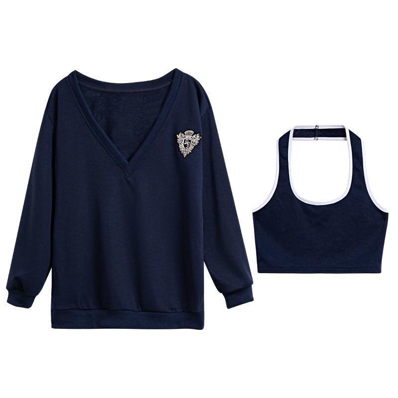 Áo Ulzzang Form Rộng, Áo Trễ Vai, 2 Món - Áo Cổ Chữ V Kèm Croptop Chất Nỉ Da Cá Phong Cách Hàn Quốc