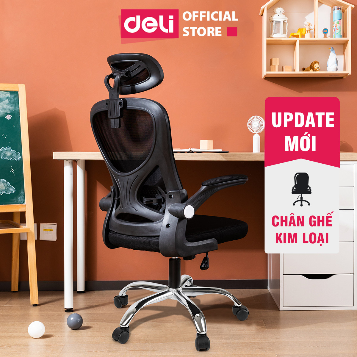 Ghế Xoay Văn Phòng Lưới Làm Việc Công Thái Học Deli - Tay Gập Thông Minh, Có Chỉnh Lưng, Lưới Thoáng Khí, Chân Xoay Tiện Ích, Đệm Ghế Êm Aí, Nhiều Màu - Phù Hợp Học Sinh, Văn Phòng, Game Thủ, Gaming - Hàng chính hãng - Đen