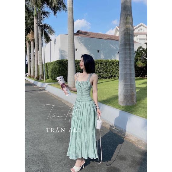 Đầm 2 dây nhún TRẮNG ĐỎ XANH
