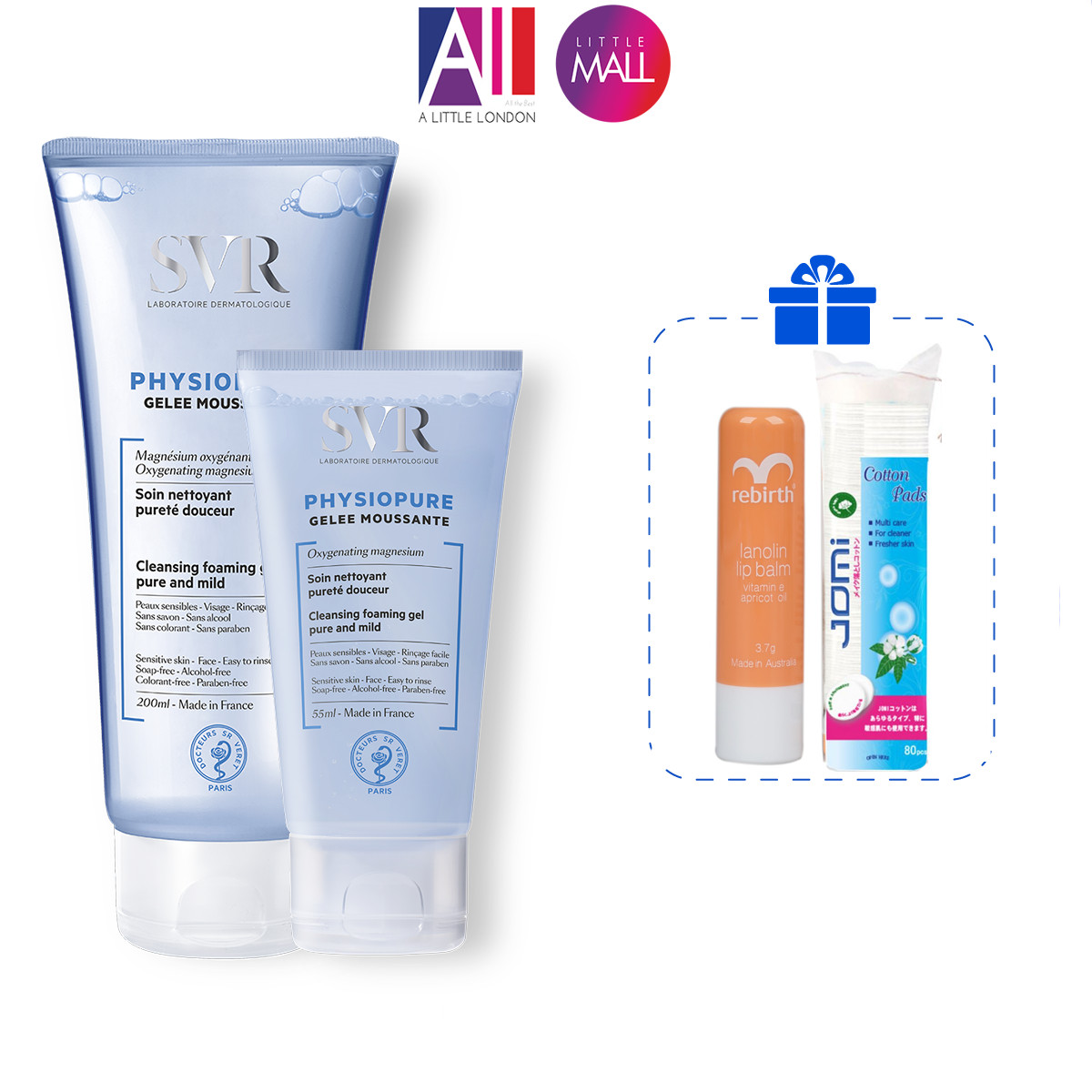 Gel rửa mặt dành cho da nhạy cảm SVR physiopure gelee moussante TẶNG bông tẩy trang Jomi / son dưỡng Rebirth
