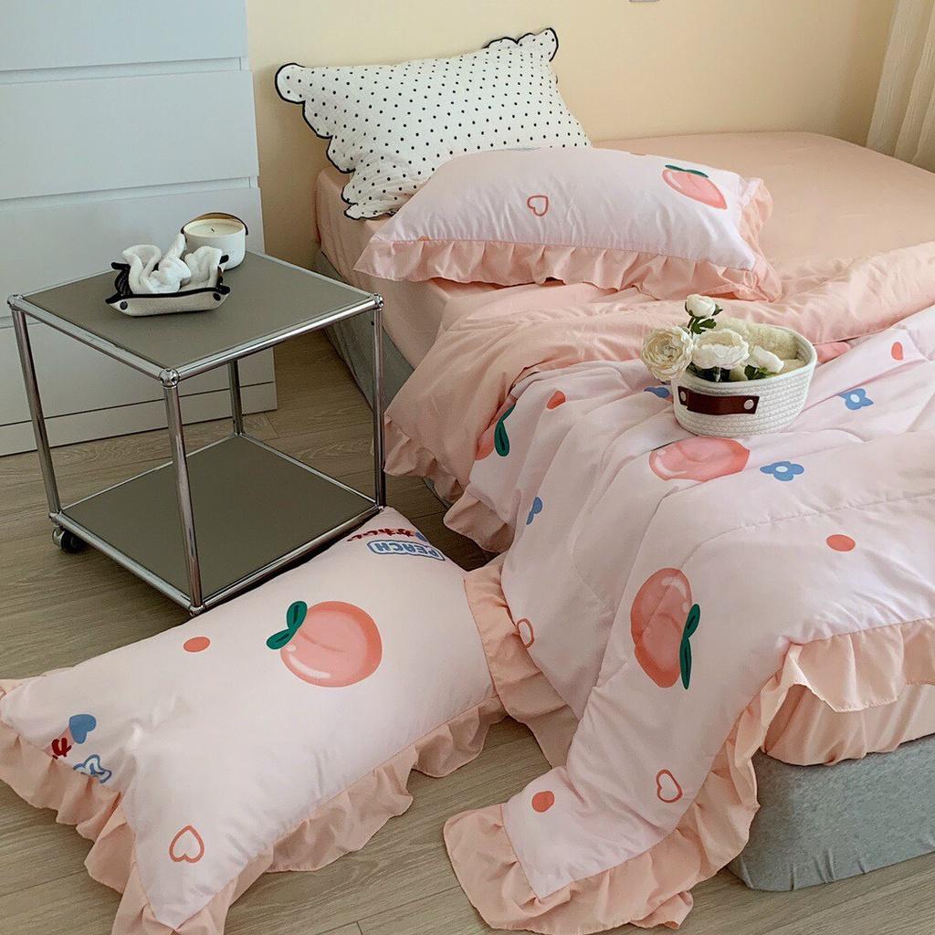 Bộ Chăn Ga Gối Cotton Đũi Bèo Chăn Chần Đào hồng