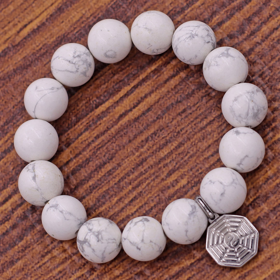 Vòng chuỗi đeo tay đá howlite charm bát quái inox, vòng tay hạt chuỗi, vòng chuỗi phong thủy, vòng tay nam nữ