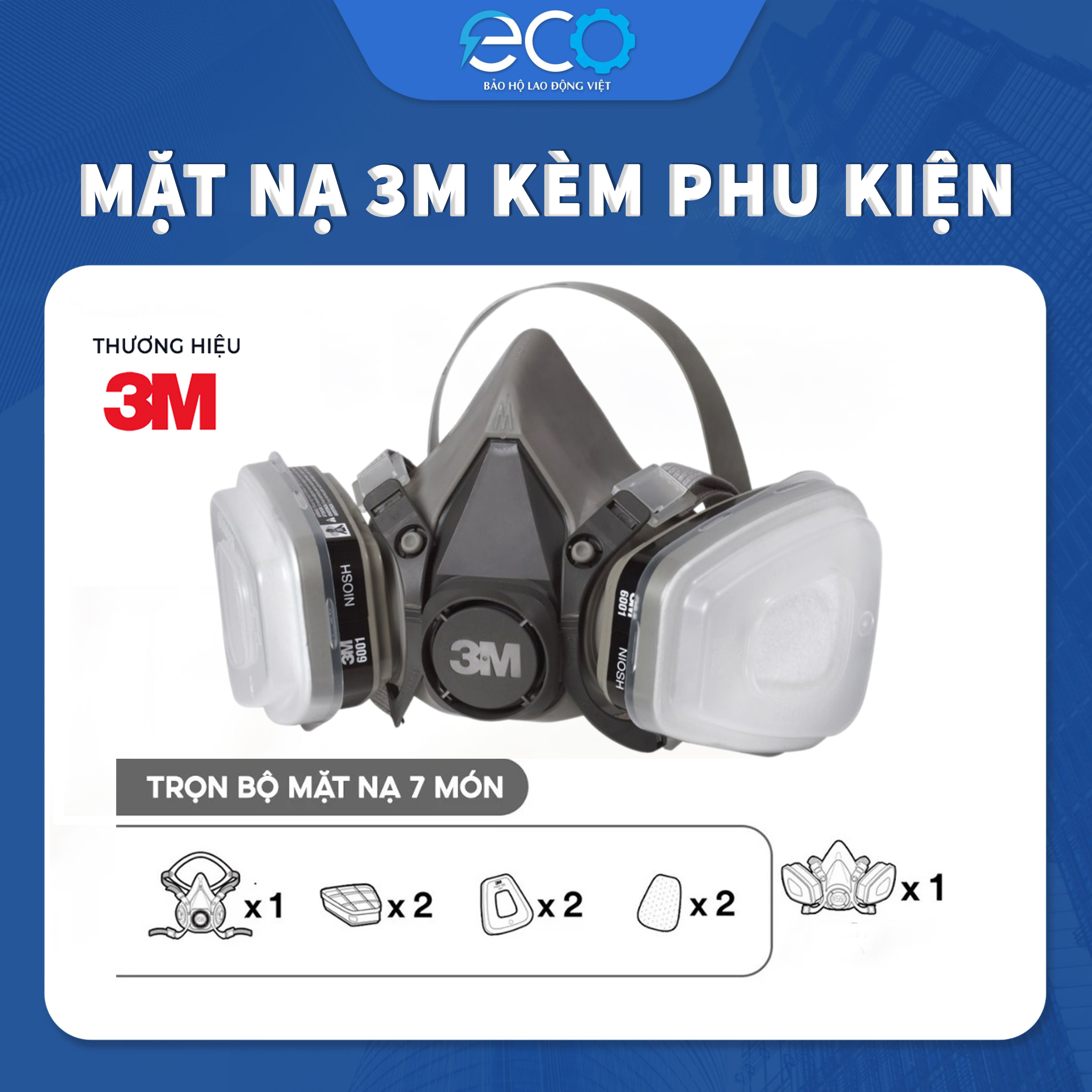 Mặt nạ phòng độc 3M 6100/ 6200 với phin lọc 6001 kết hợp tấm lọc bụi 5N11 cùng nắp giữ 501