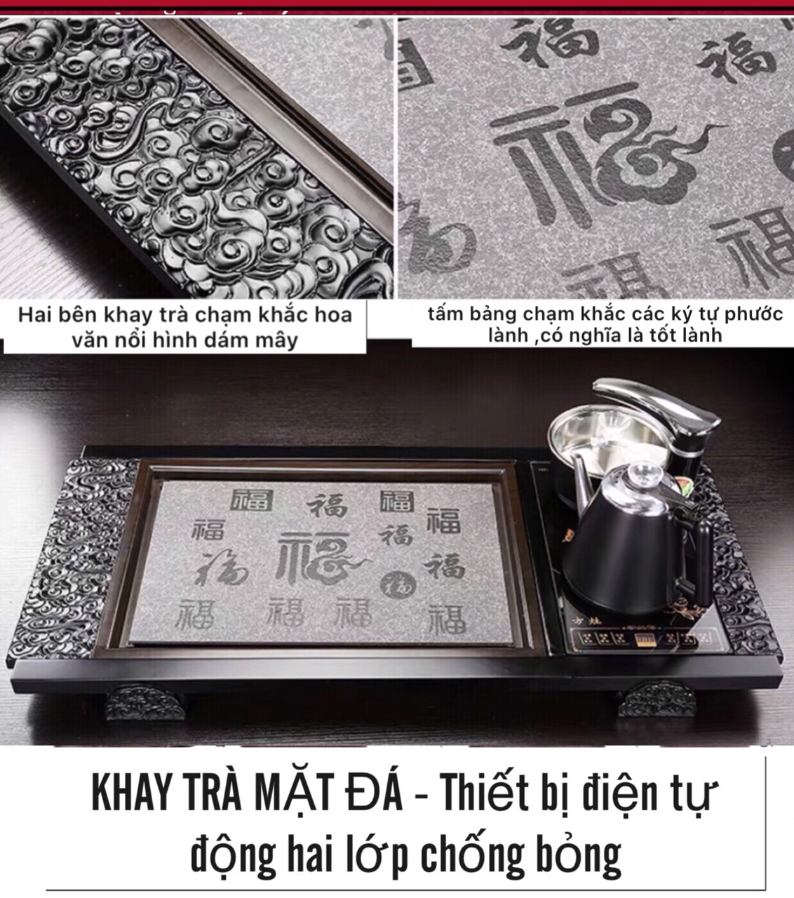 Bàn trà điện đa năng thông minh , khung gỗ mặt đá sứ ,bếp đun nước tự động cảm ứng hai lớp cách nhiêt chống bỏng , Ấm chén trà gốm sứ tùy chọn một bộ đủ món như hình
