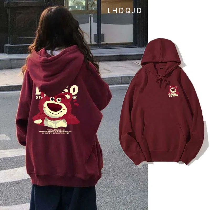 Áo Khoác Hoodie Nỉ Dày Dáng Rộng In Hình Gấu Và Dâu Tây Màu Đen Đỏ Thời Trang Cho Nữ