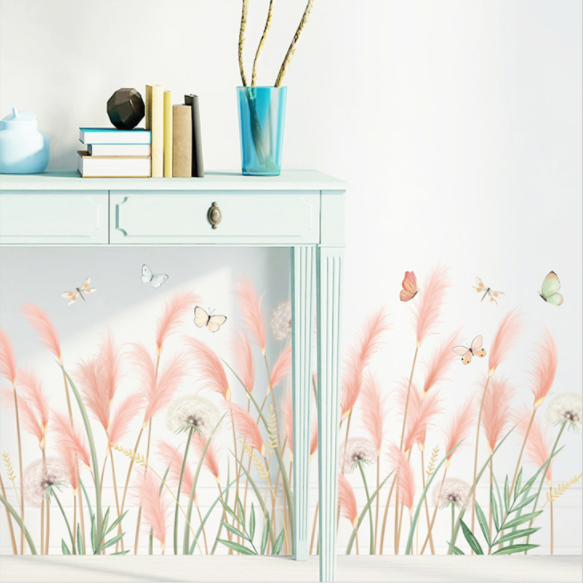 Decal trang trí tường - Chân tường cỏ bông lau hồng