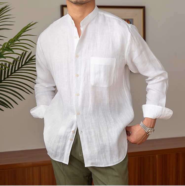 Áo sơ mi Linen dài tay nam cao cấp thiết kế cổ trụ phối cúc 1 túi ngực vải thoáng mát không bai gião MS05