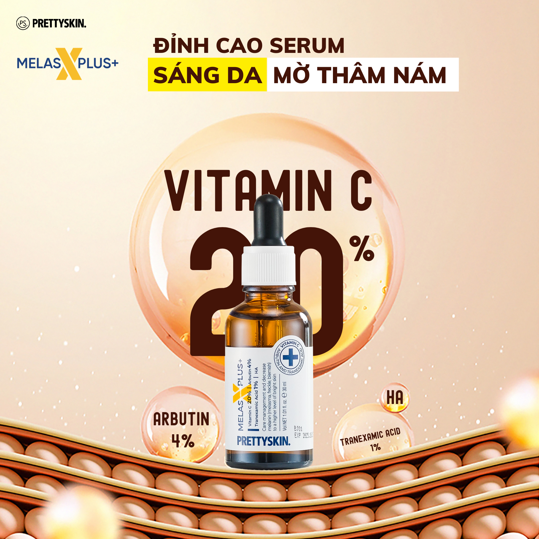 Serum dưỡng trắng, mờ thâm nám Trắng da Melas X Plus + PrettySkin 30ml