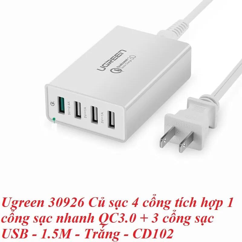 Ugreen UG30926CD102TK 1.5M Màu Trắng Củ sạc 4 cổng tích hợp 1 cổng sạc nhanh QC3.0 + 3 cổng sạc USB 1 cổng 2.4A + 2cổng 1A - HÀNG CHÍNH HÃNG