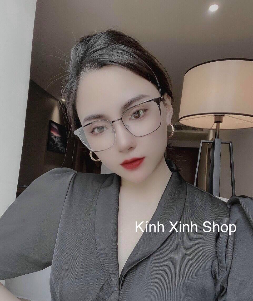 Kính tròng trắng chống ánh sáng xanh, chống uv mắt vuông to kim loại