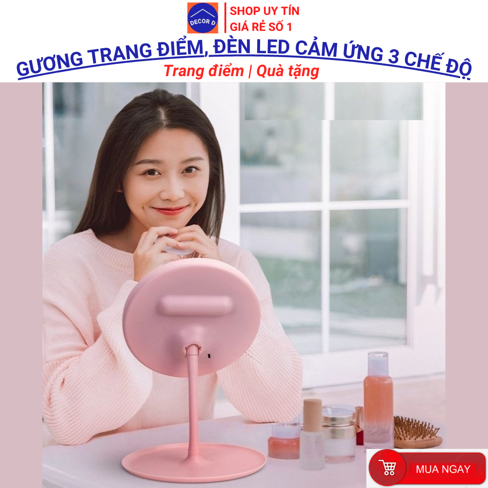 Gương trang điểm đèn led, Gương để bàn trang điểm Hàn Quốc decor xinh xắn dễ thương [Kèm pin dây sạc USB