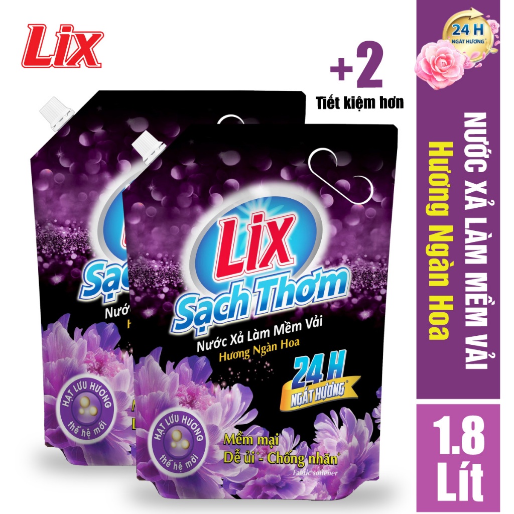 COMBO 2 chai nước xả vải Lix sạch thơm hương ngàn hoa (2 túi x 1.8 lít) L17701