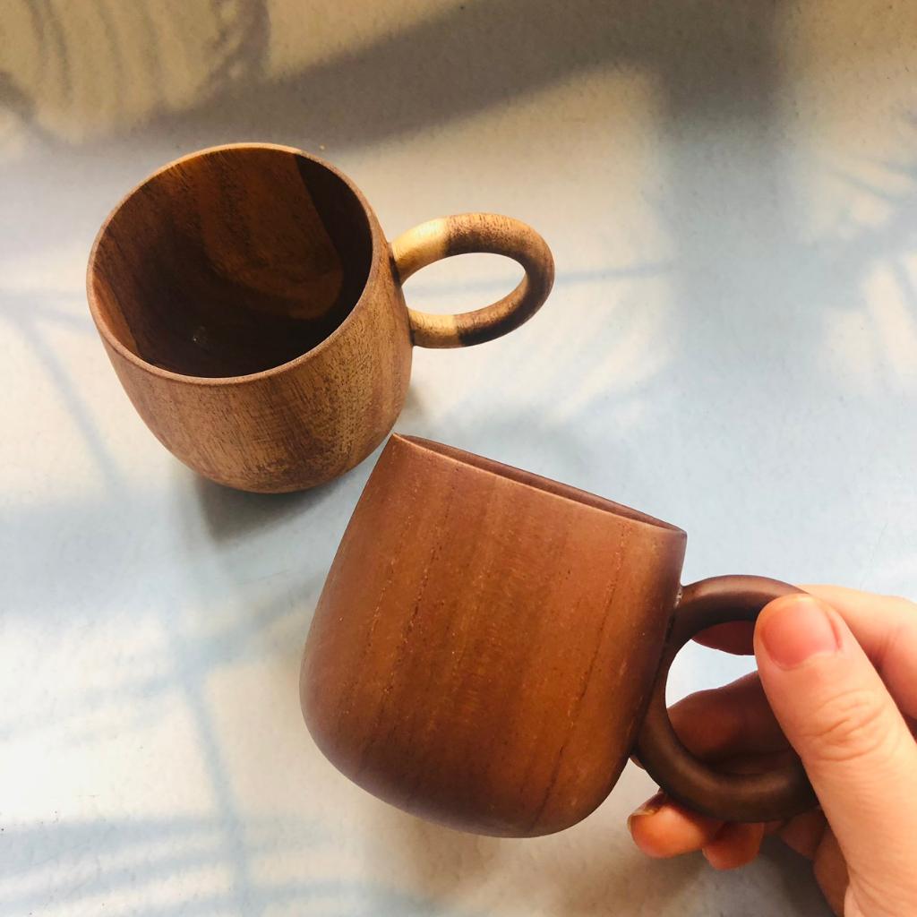 Cốc Gỗ Keo Nâu Đen 7x7 cm, Có Quai Tay Cầm, Cốc Uống Trà, Cà Phê, Phong Cách Vintage, Chụp Ảnh Trang Trí Xinh Xắn
