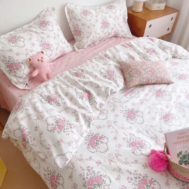 Bộ Chăn Ga Gối Cotton Living 100%cotton Hàng Nhập Khẩu Cao Cấp 4 Món Hoa Hồng Pháp
