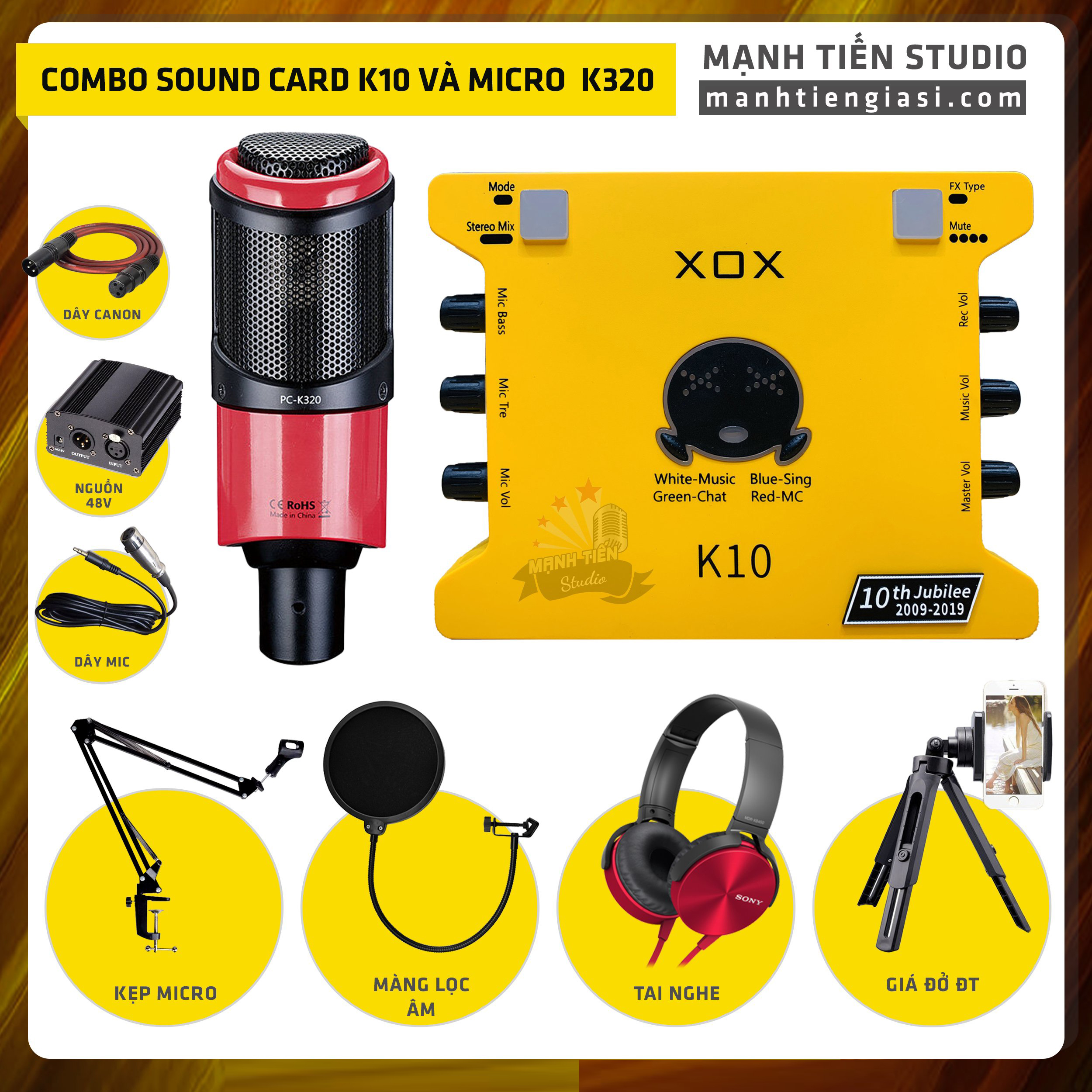 Combo thu âm, livestream Micro TakStar PC-K320, Sound card XOX K10 Jubilee - Kèm full phụ kiện nguồn 48V, kẹp micro, màng lọc, tai nghe, giá đỡ ĐT - Hỗ trợ thu âm, karaoke online chuyên nghiệp - Hàng nhập khẩu