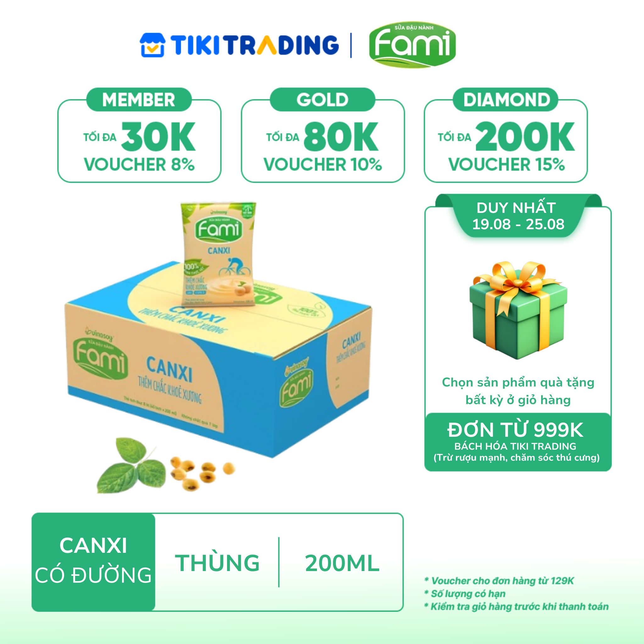 [19-25.08 QT đơn từ 999k] Thùng Sữa Đậu Nành Vinasoy Fami Canxi Nguyên vị (200ml x 40 Bịch)