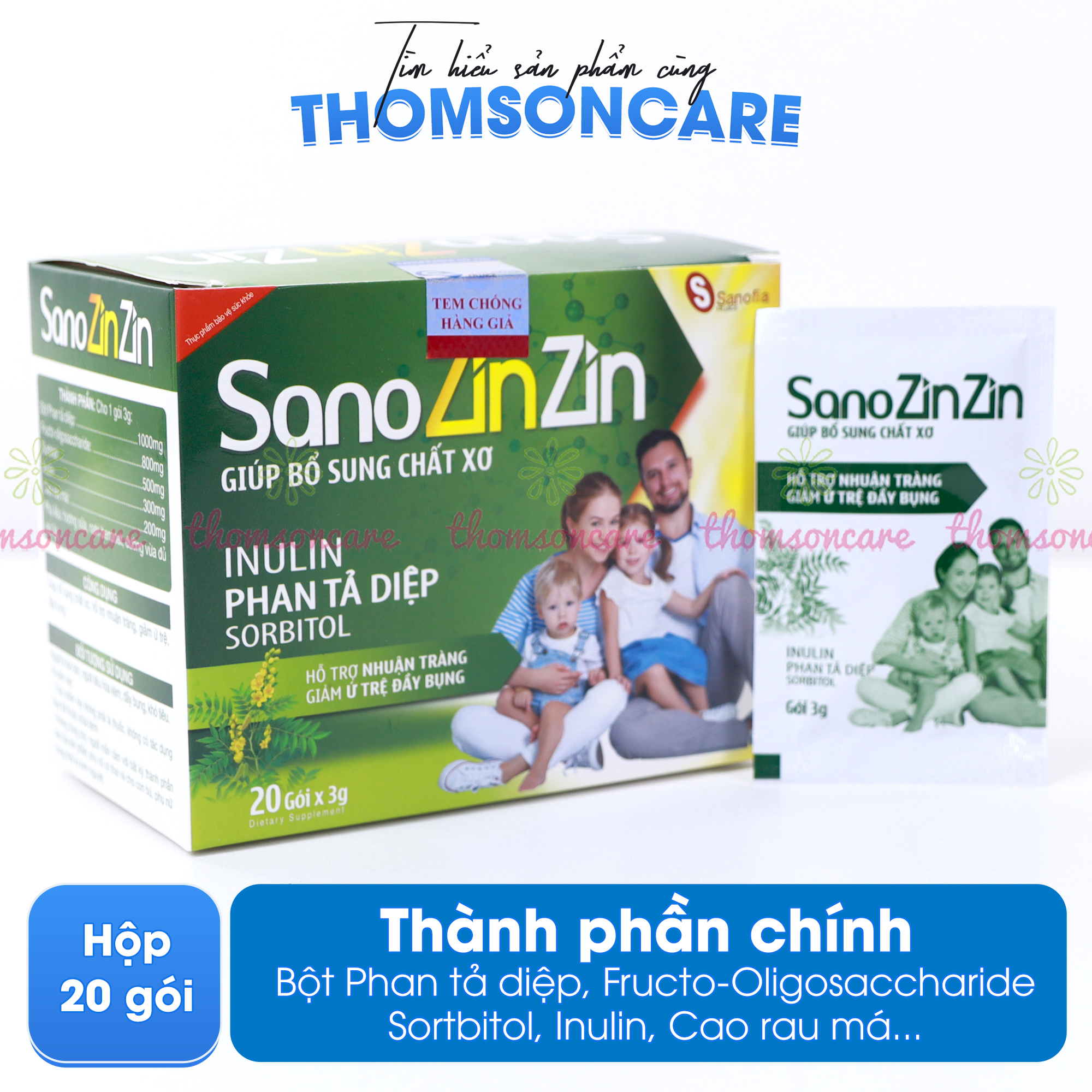 Cốm táo bón Sano ZinZin Sanofia - Bổ sung chất xơ, giảm táo bón, nhuận tràng ở trẻ và người lớn - Hộp 20 gói Thomsoncare