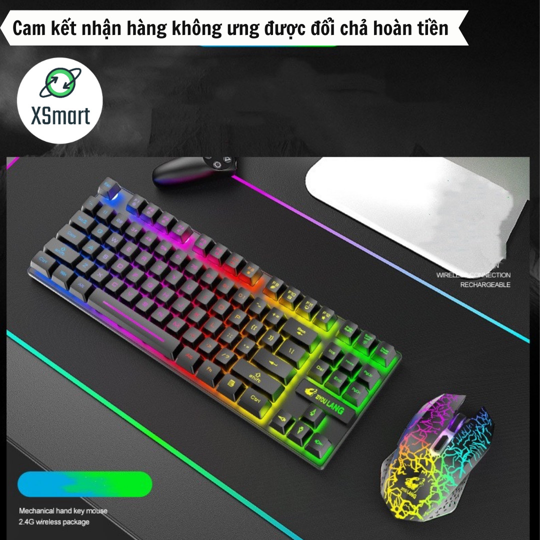 Bộ Bàn Phím Và Chuột Không Dây Gaming Có Đèn Led Pin Sạc XSmart T87 Tặng Kèm Lót Game, Combo Cho Máy Tính - Hàng Chính Hãng