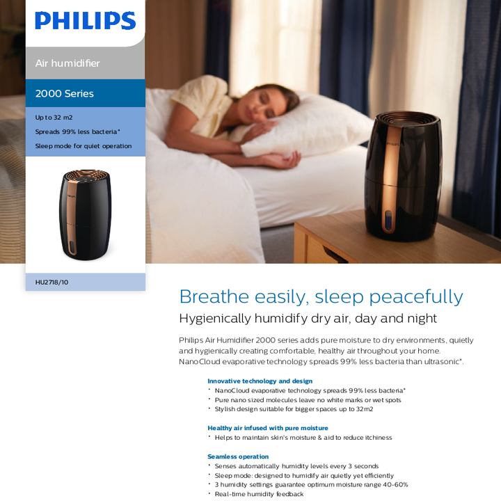 Máy tạo độ ẩm cao cấp thương hiệu Philips HU2718/00 - Hệ thống bốc hơi tiên tiến công nghệ NanoCloud - HÀNG NHẬP KHẨU