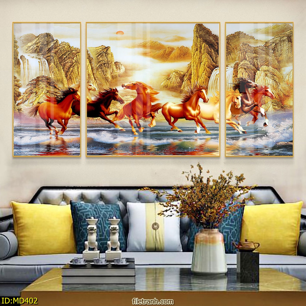Tranh Canvas Giá Rẻ Hiện Đại - Tranh Bộ 3 Đàn Ngựa Phi Nước Đại Phong Thủy