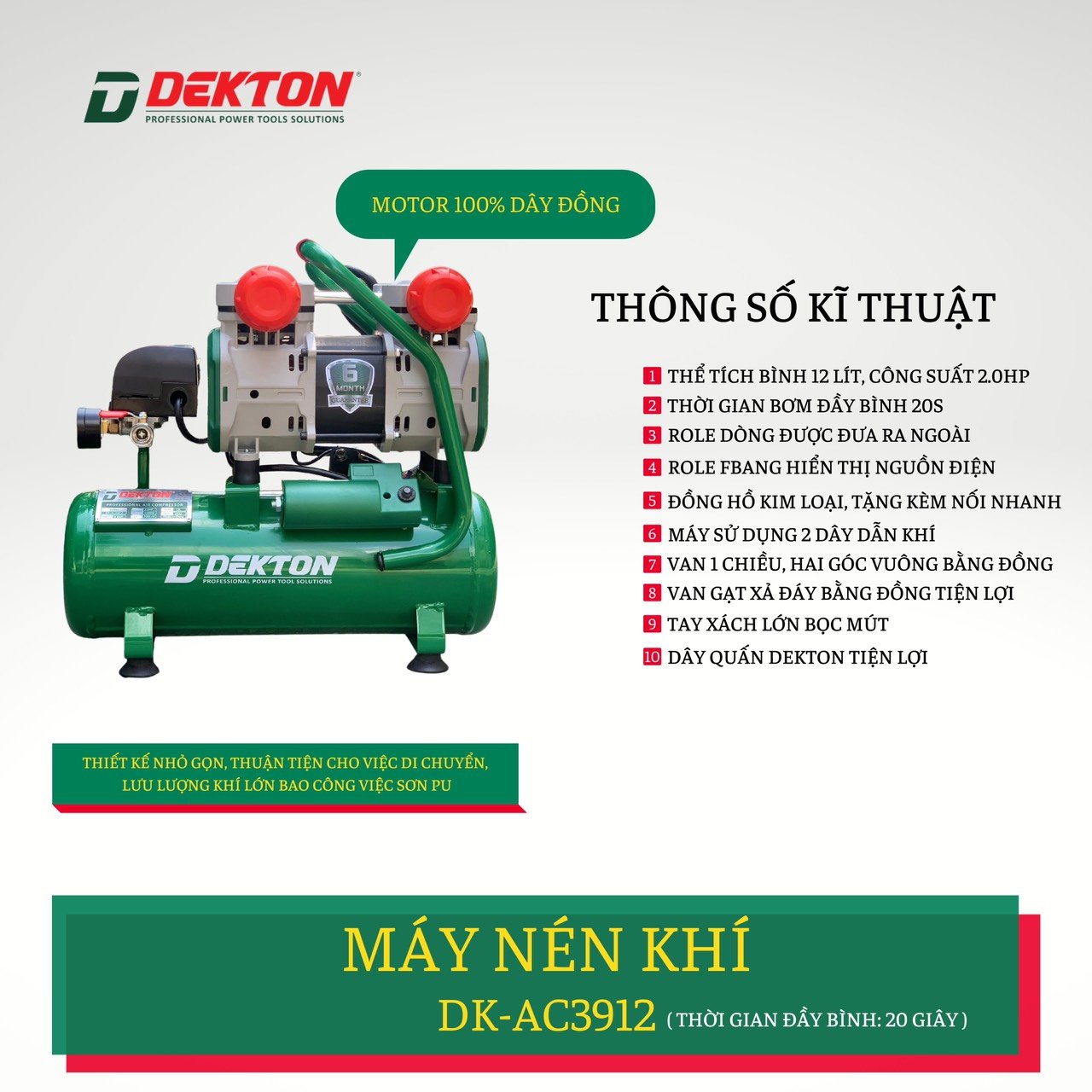 Máy nén khí không dầu DK-AC3912 12L bơm hơi nhanh Dekton bản nâng cấp